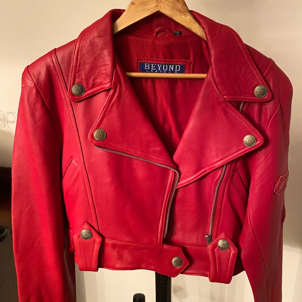 Red leather bomber jacket size S